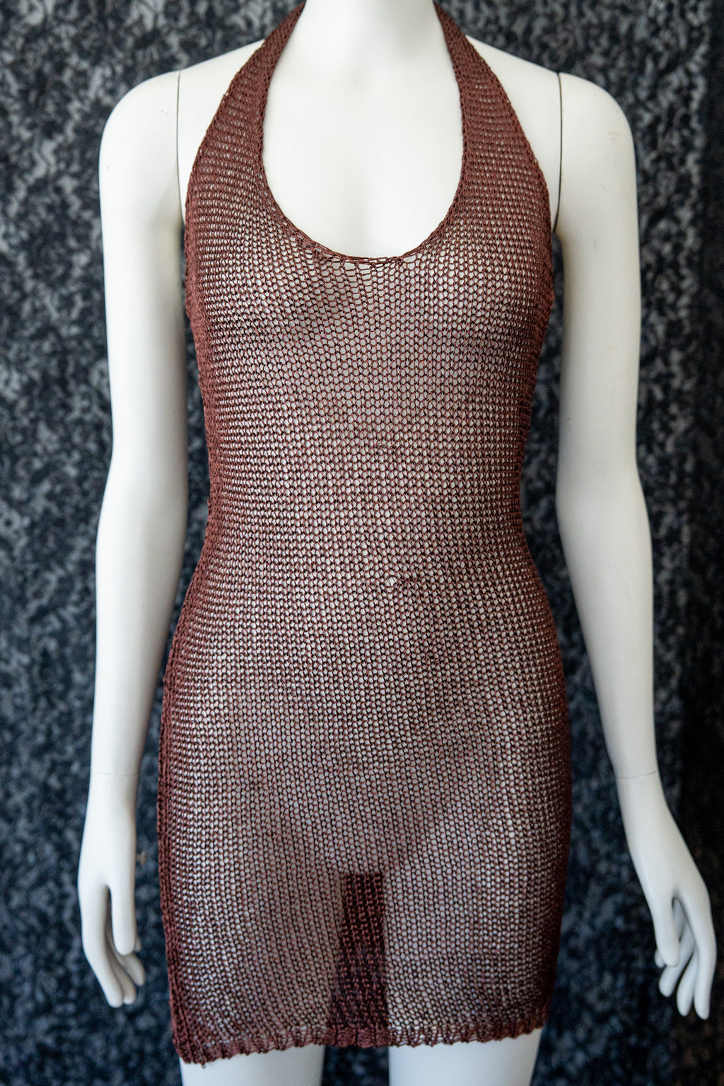 Chocolate Crochet Halter Mini Dress