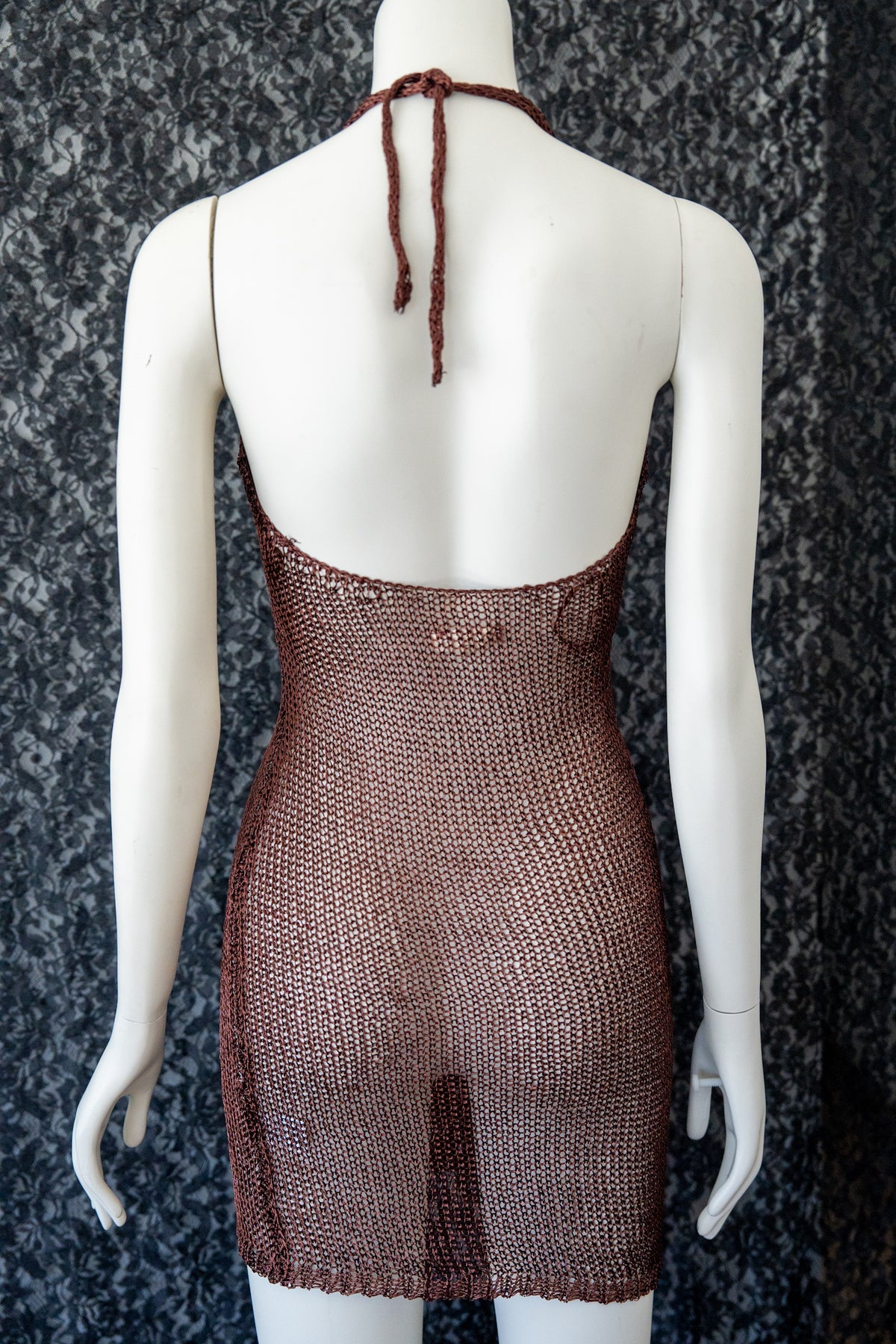 Chocolate Crochet Halter Mini Dress